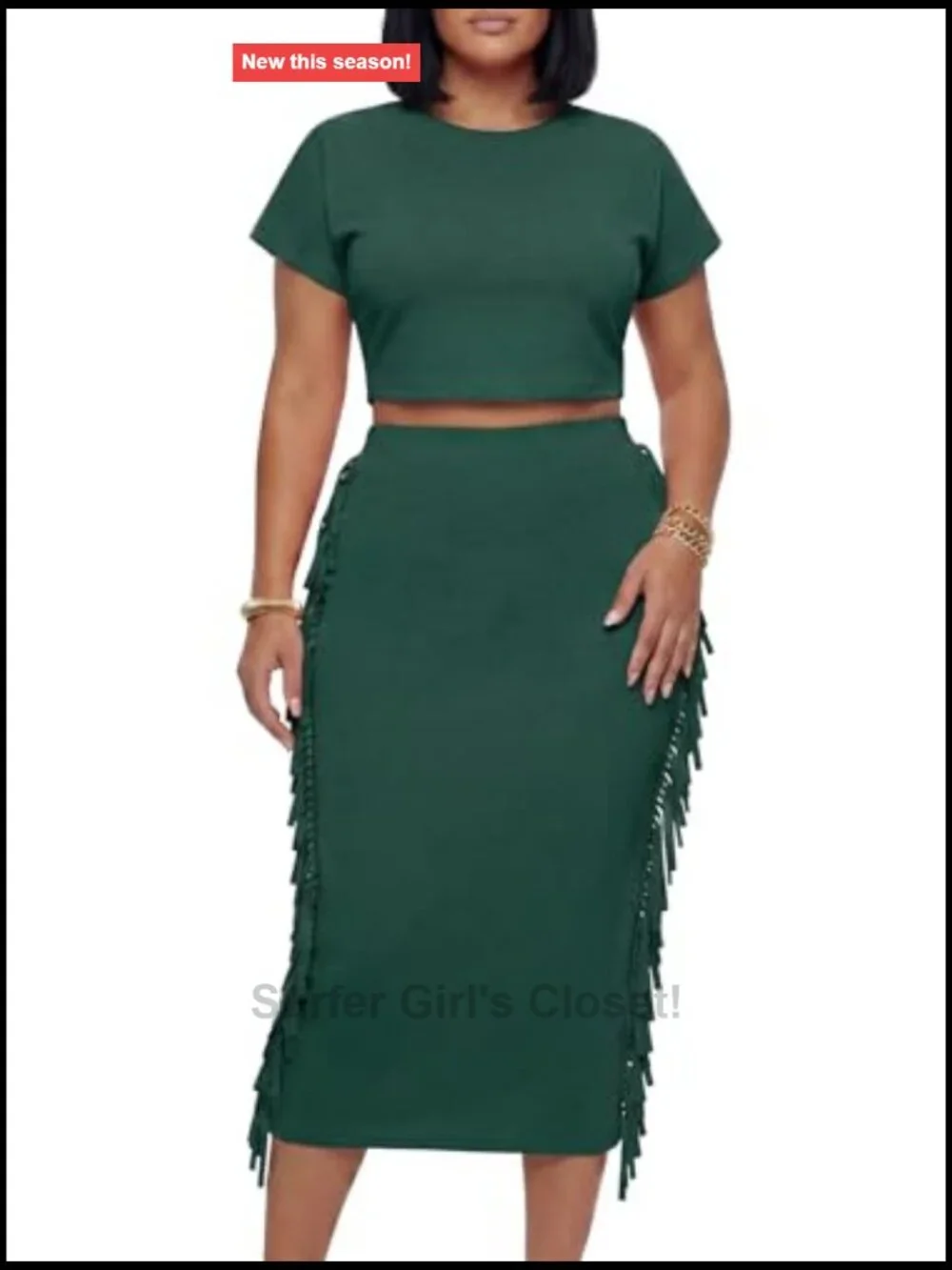 2 Piece Outfit Crop Top Tassel Trim Bodycon Midi Skirt Set
